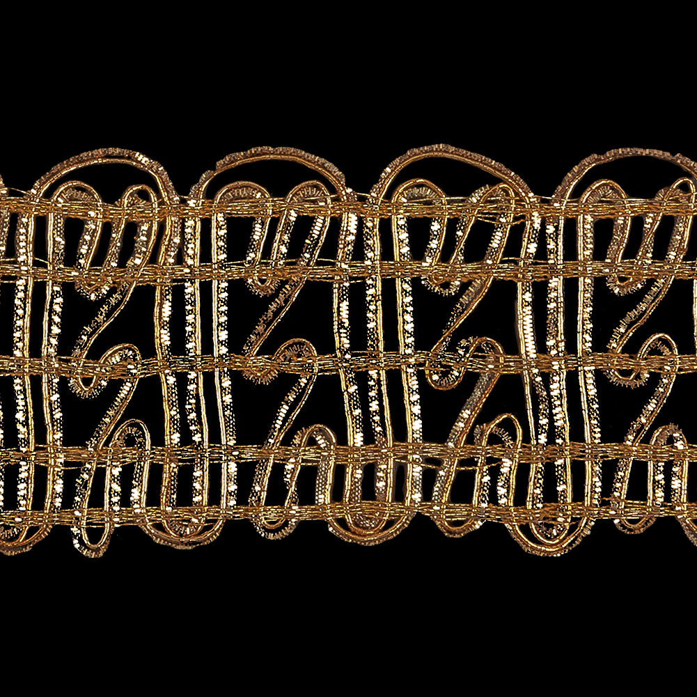Vintage Metallic Gold Twisting Lines Braided Trim - 2" Detail