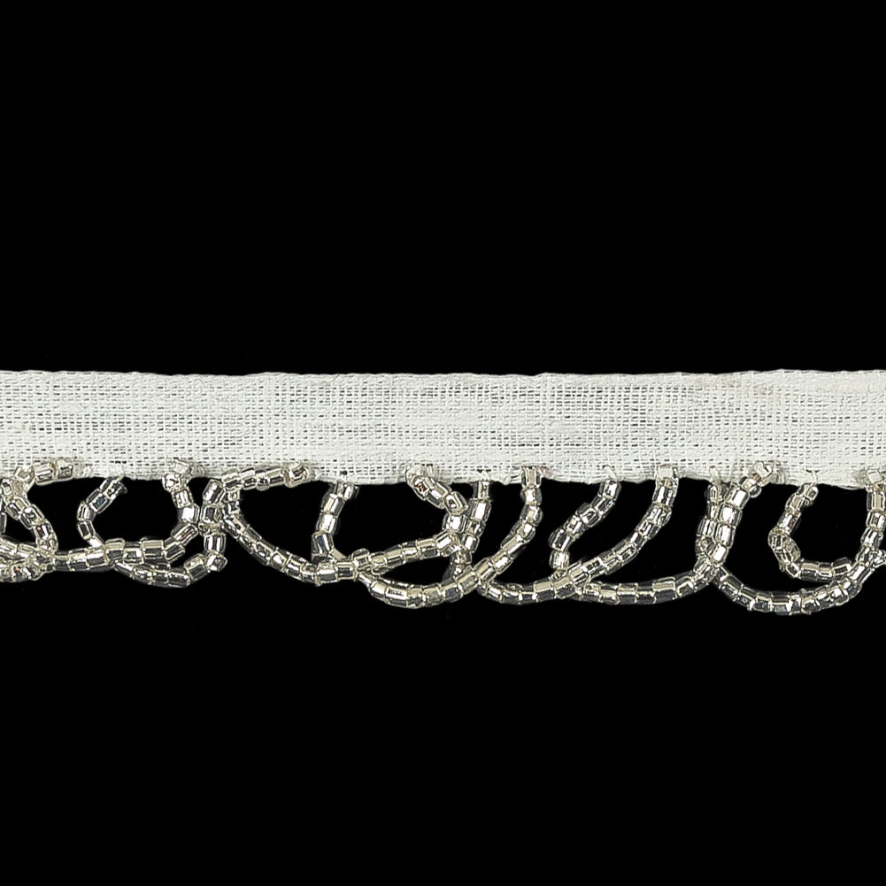 Vintage Silver Lined Seed Beaded Looped Fringe on Cotton Tape - 0.875" Detail
