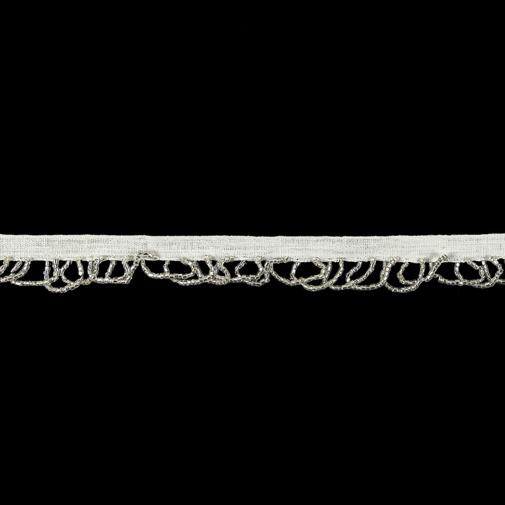 Vintage Silver Lined Seed Beaded Looped Fringe on Cotton Tape - 0.875"