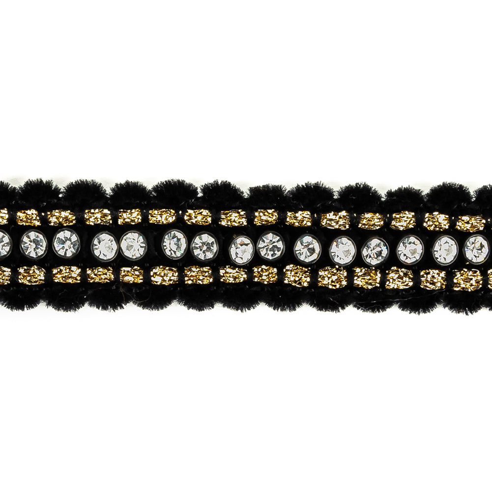 Vintage Fancy Black, Crystal and Gold Lurex Chenille Trim - 0.875" Detail