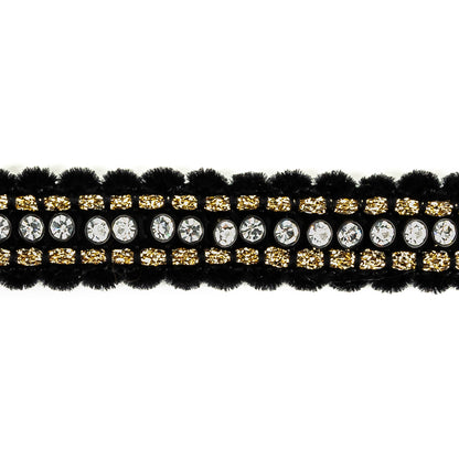 Vintage Fancy Black, Crystal and Gold Lurex Chenille Trim - 0.875" Detail