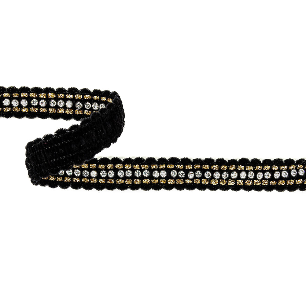 Vintage Fancy Black, Crystal and Gold Lurex Chenille Trim - 0.875"