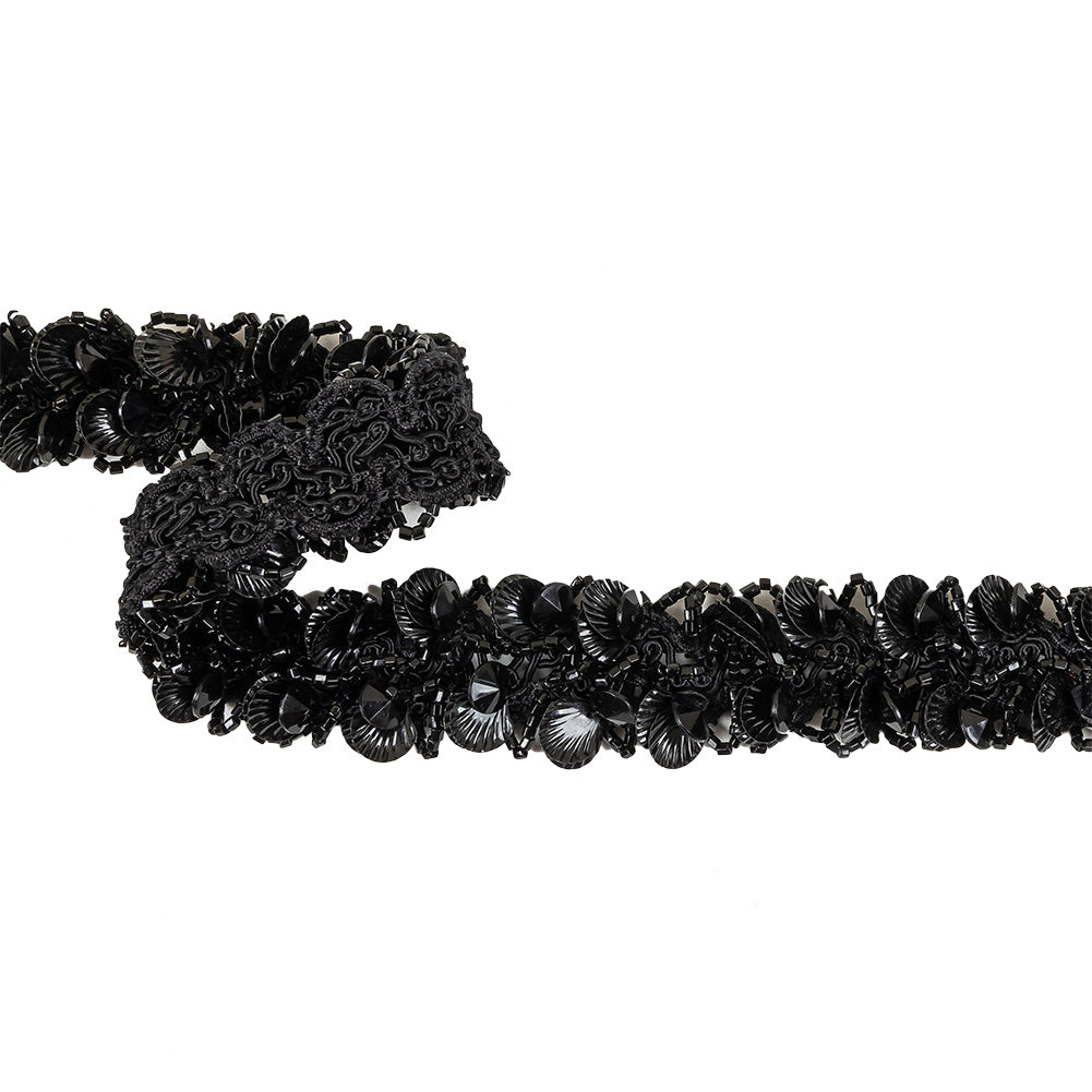Vintage Black Seashell Sequins and Seed Beaded Braided Trim - 1.5"