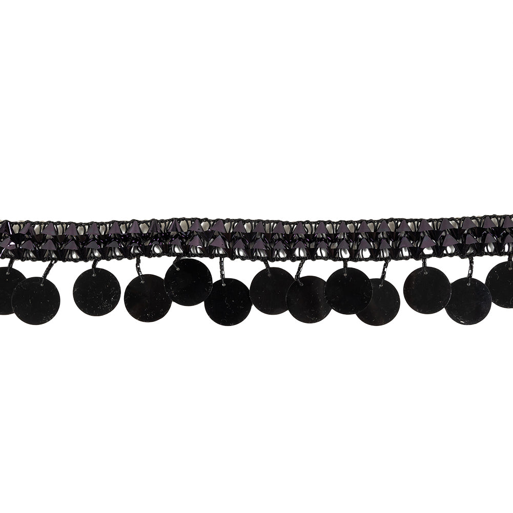 Vintage Metallic Black Braided Trim with Black Beads and Paillette Sequins Fringe - 1.75"