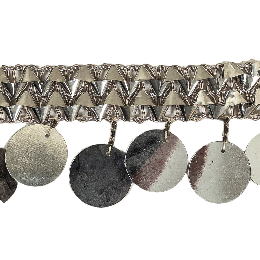 Vintage Metallic Silver Braided Trim with Silver Paillette Sequins and Beaded Fringe - 1.75" Detail
