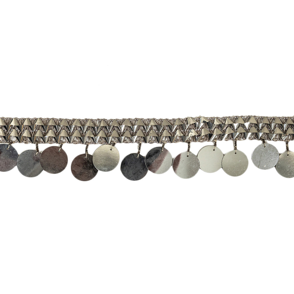 Vintage Metallic Silver Braided Trim with Silver Paillette Sequins and Beaded Fringe - 1.75"
