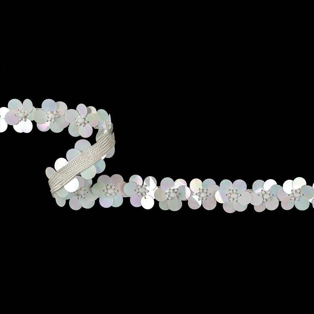 Vintage Ivory and Iridescent White Floral Sequins and Beaded Trim - 0.875"