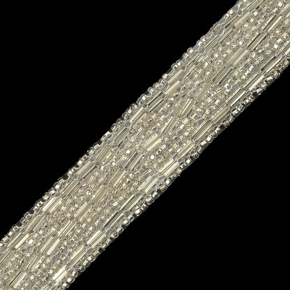 Vintage Silver Striped 12-Row Glass Seed and Bugle Beaded Trim - 0.75" Detail