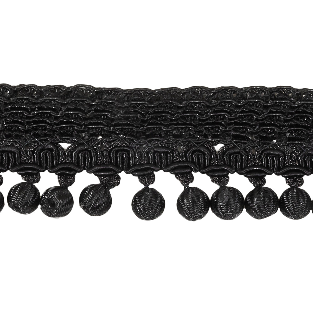 Vintage Black Braided Trim with Thread Covered Bead Pom Pom Fringe - 1.375" Detail
