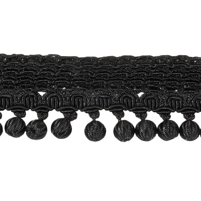 Vintage Black Braided Trim with Thread Covered Bead Pom Pom Fringe - 1.375" Detail