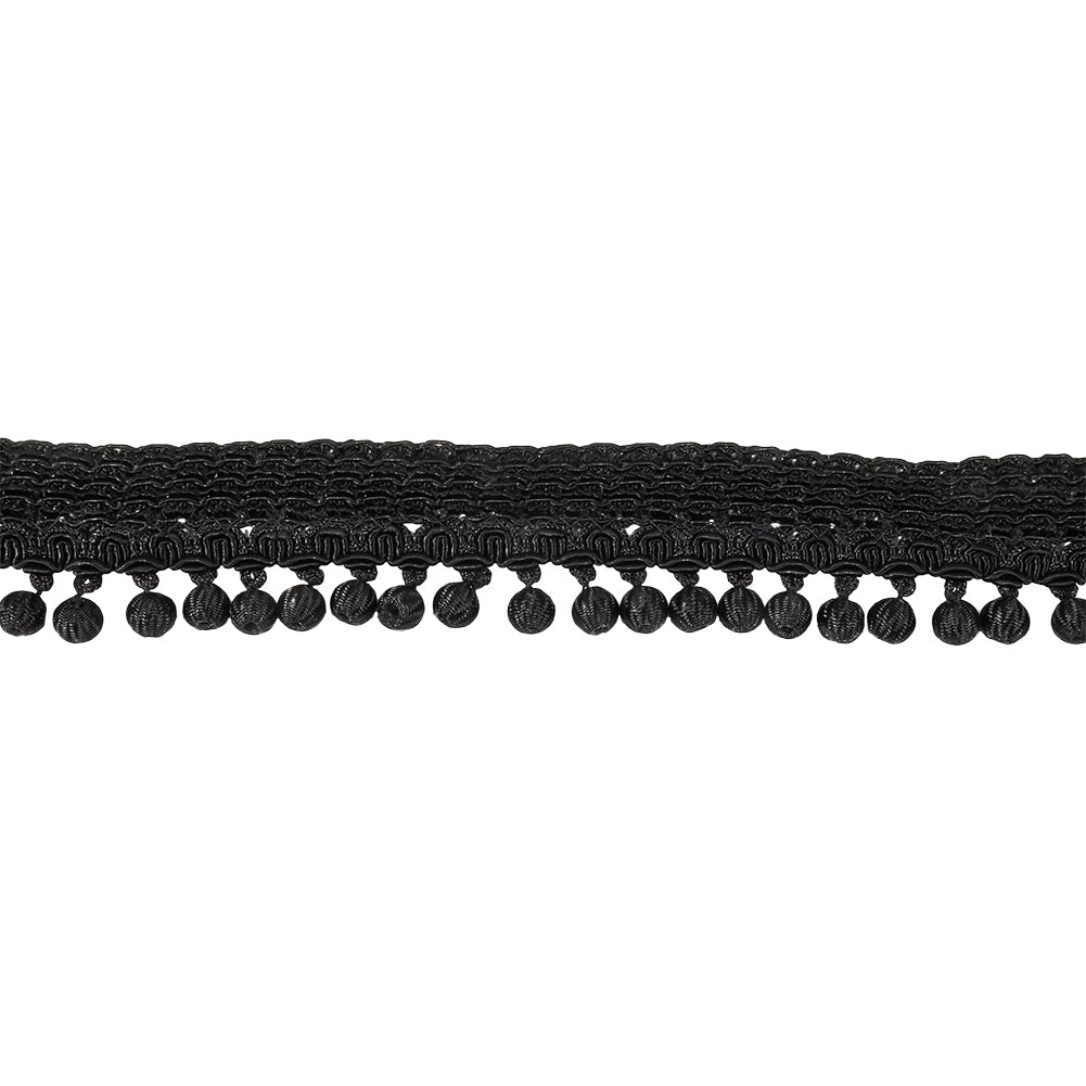 Vintage Black Braided Trim with Thread Covered Bead Pom Pom Fringe - 1.375"