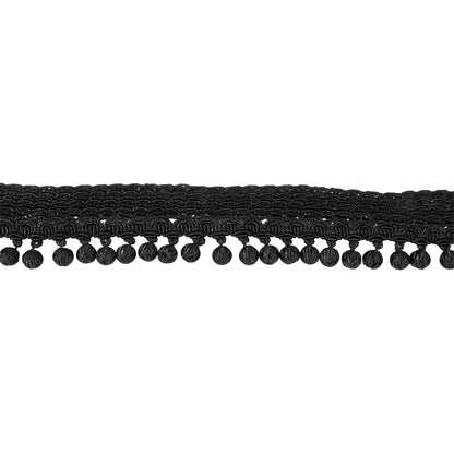 Vintage Black Braided Trim with Thread Covered Bead Pom Pom Fringe - 1.375"
