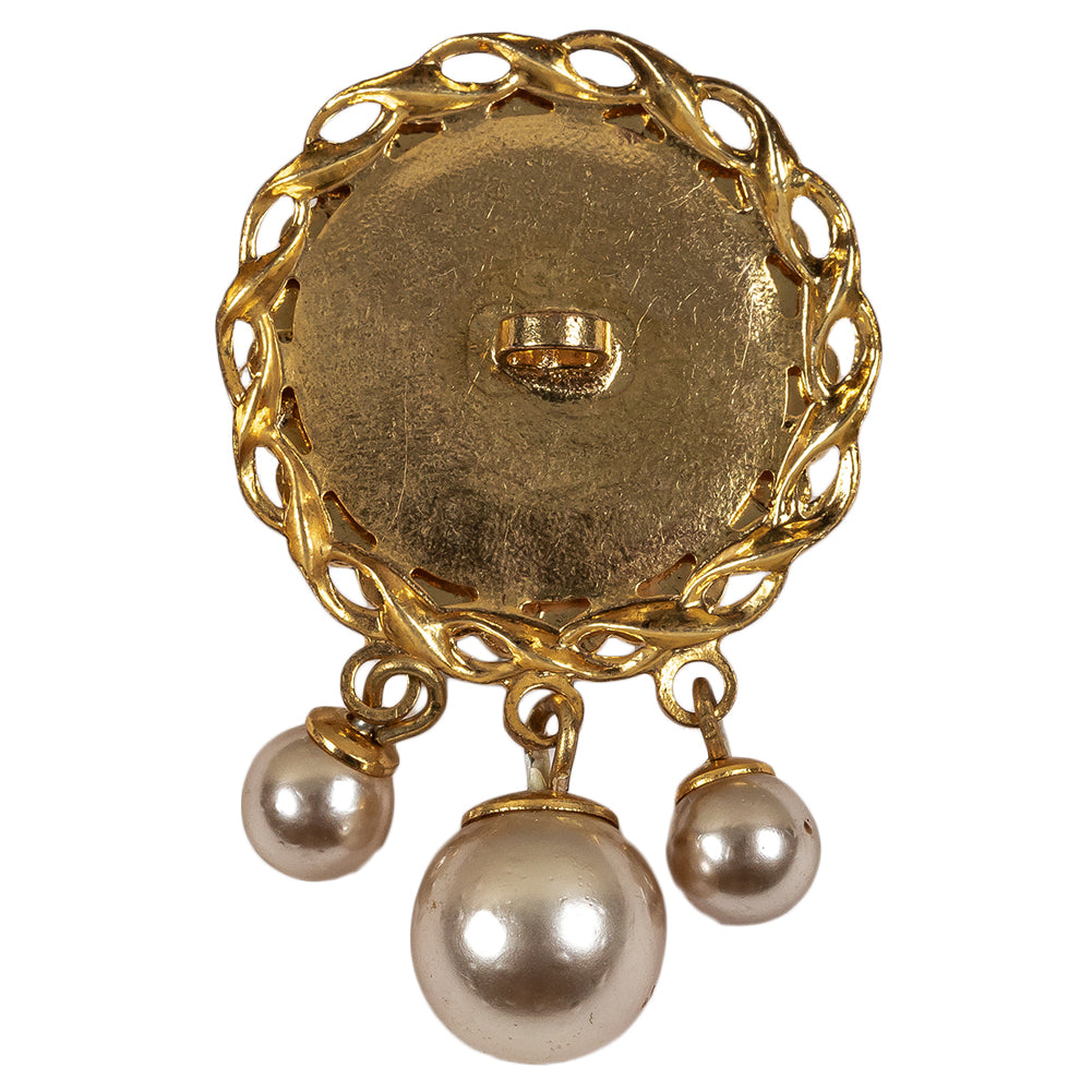 Vintage Gold, Crystal and Pearl Rhinestone Shank Back Button with Hanging Pearl Beads - 40L/25.5mm Detail