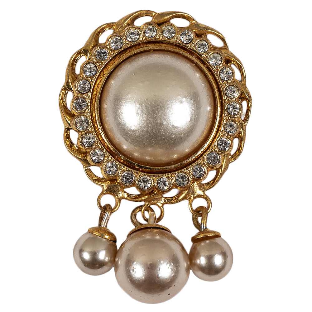 Vintage Gold, Crystal and Pearl Rhinestone Shank Back Button with Hanging Pearl Beads - 40L/25.5mm