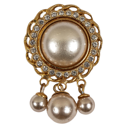 Vintage Gold, Crystal and Pearl Rhinestone Shank Back Button with Hanging Pearl Beads - 40L/25.5mm
