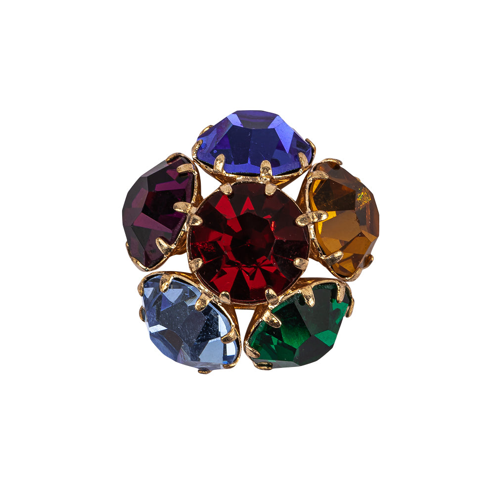 Vintage Swarovski Multicolored Rhinestones and Gold Metal Floral Shank Back Button - 38L/24mm