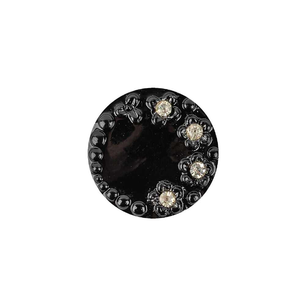 Vintage Shiny Black and Crystal Rhinestones Floral Glass Button - 28L/
