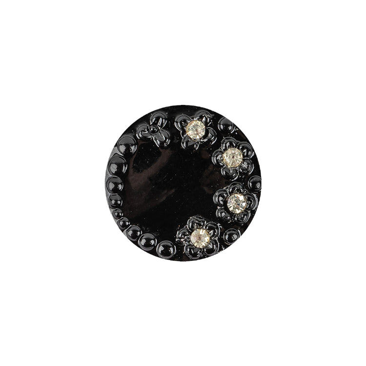 template--26688905969737__main-Vintage Shiny Black and Crystal Rhinestones Floral Glass Button - 28L/18mm