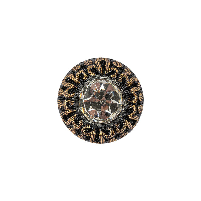 Vintage Antique Gold and Black Classical Shank Back Glass Button with Rhinestone Core - 28L/18mm
