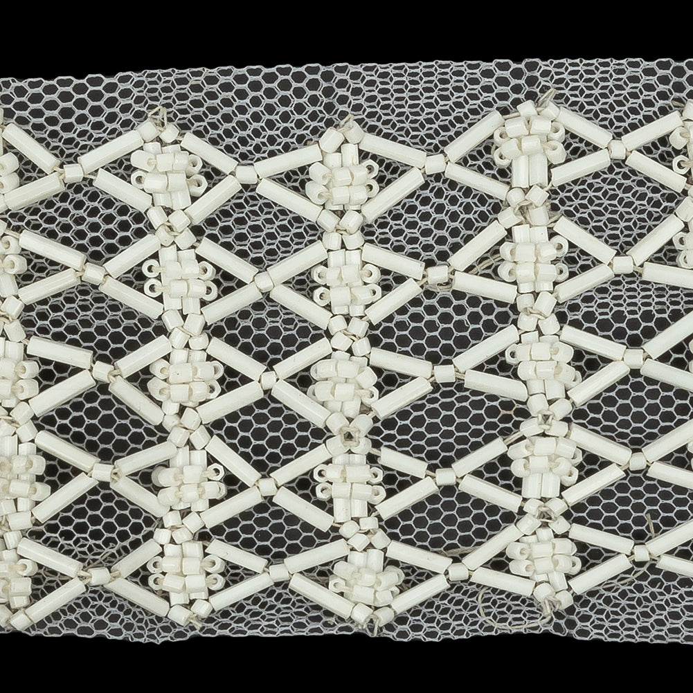 Vintage White Latticework Glass Beaded Mesh Trim - 2.125" Detail