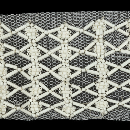 Vintage White Latticework Glass Beaded Mesh Trim - 2.125" Detail