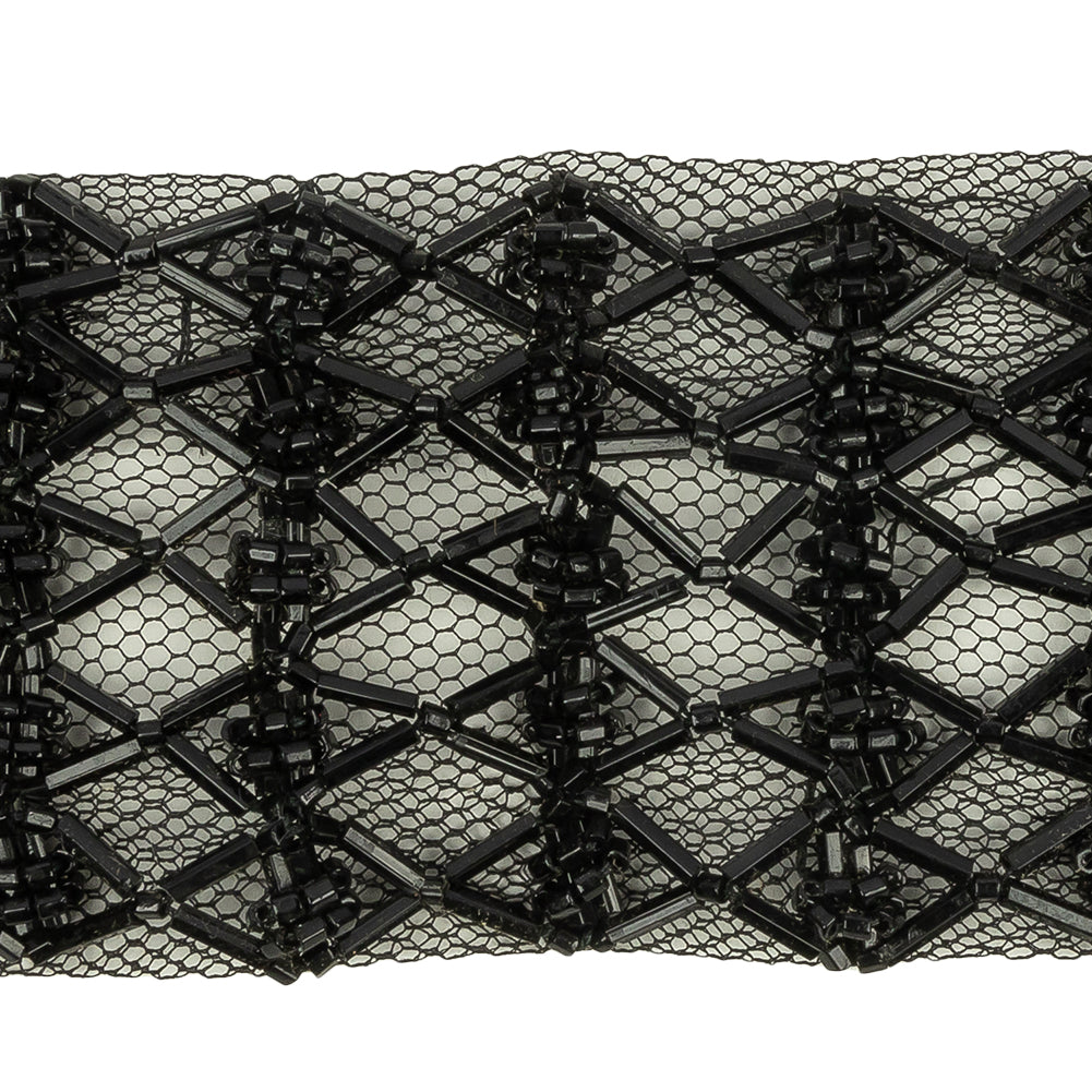 Vintage Black Latticework Glass Beaded Mesh Trim - 1.75" Detail