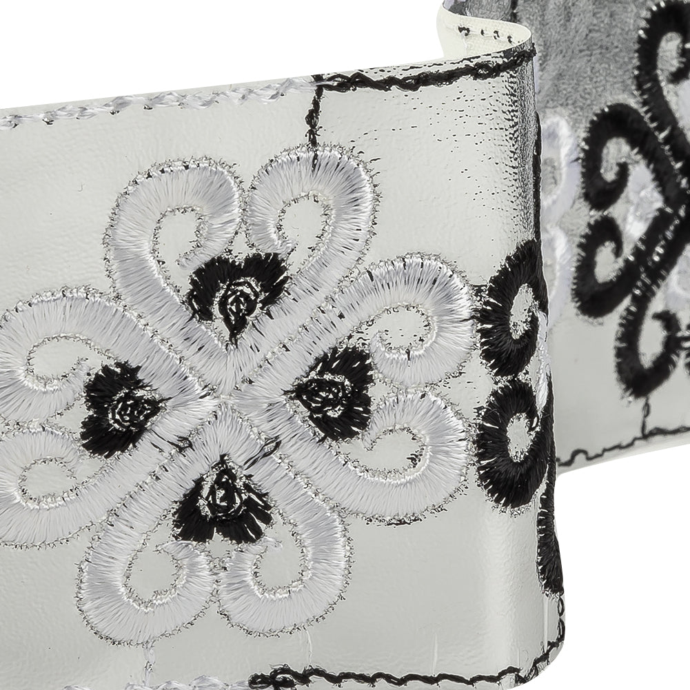 Vintage English White and Black Embroidered Silver Metallic Vinyl Ribbon - 2.75" Detail