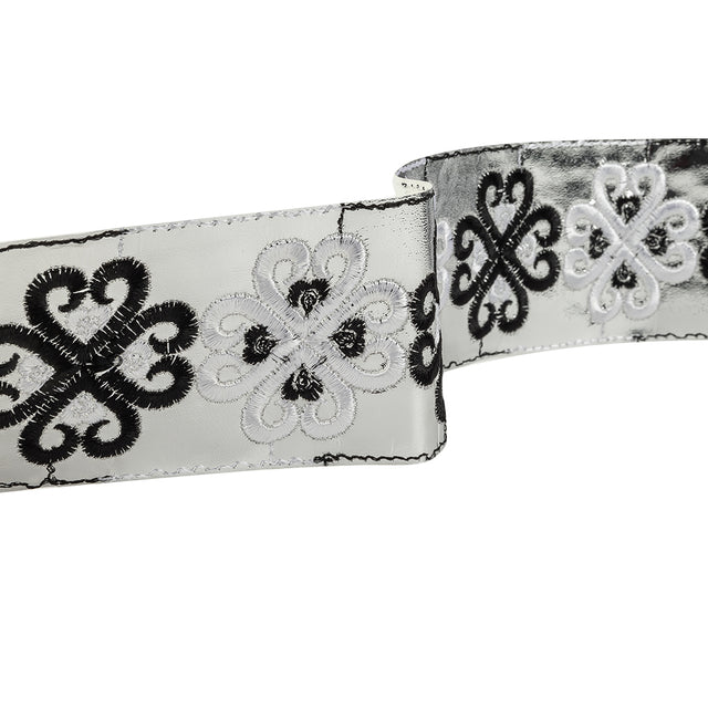 Vintage English White and Black Embroidered Silver Metallic Vinyl Ribbon - 2.75"