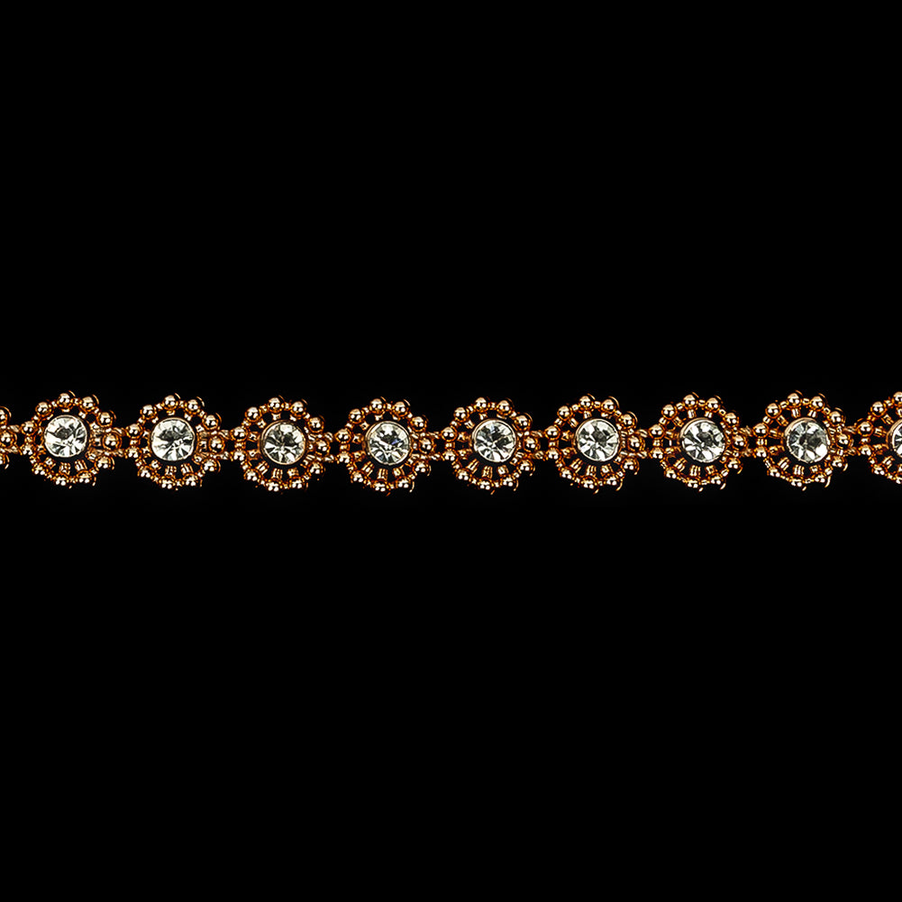 Vintage Rose Gold Floral Beaded Trimming with Rhinestone Centers - 0.375" Detail