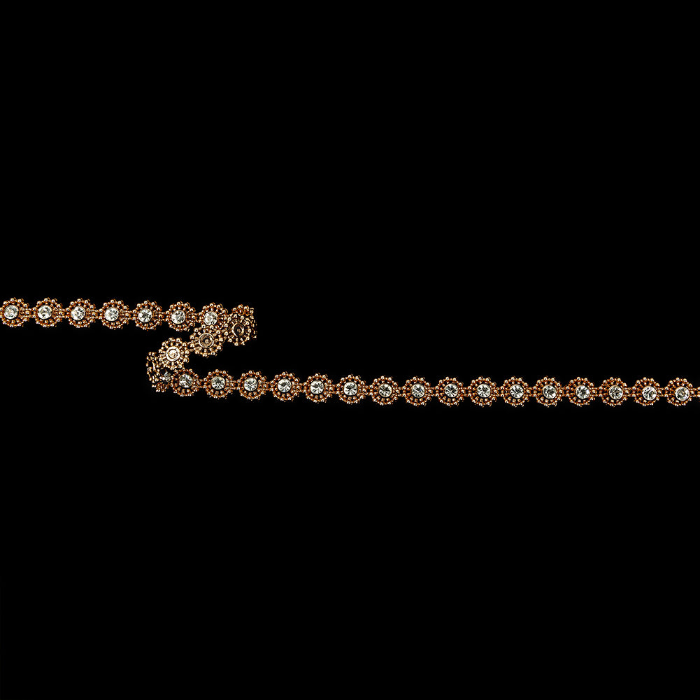 Vintage Rose Gold Floral Beaded Trimming with Rhinestone Centers - 0.375"
