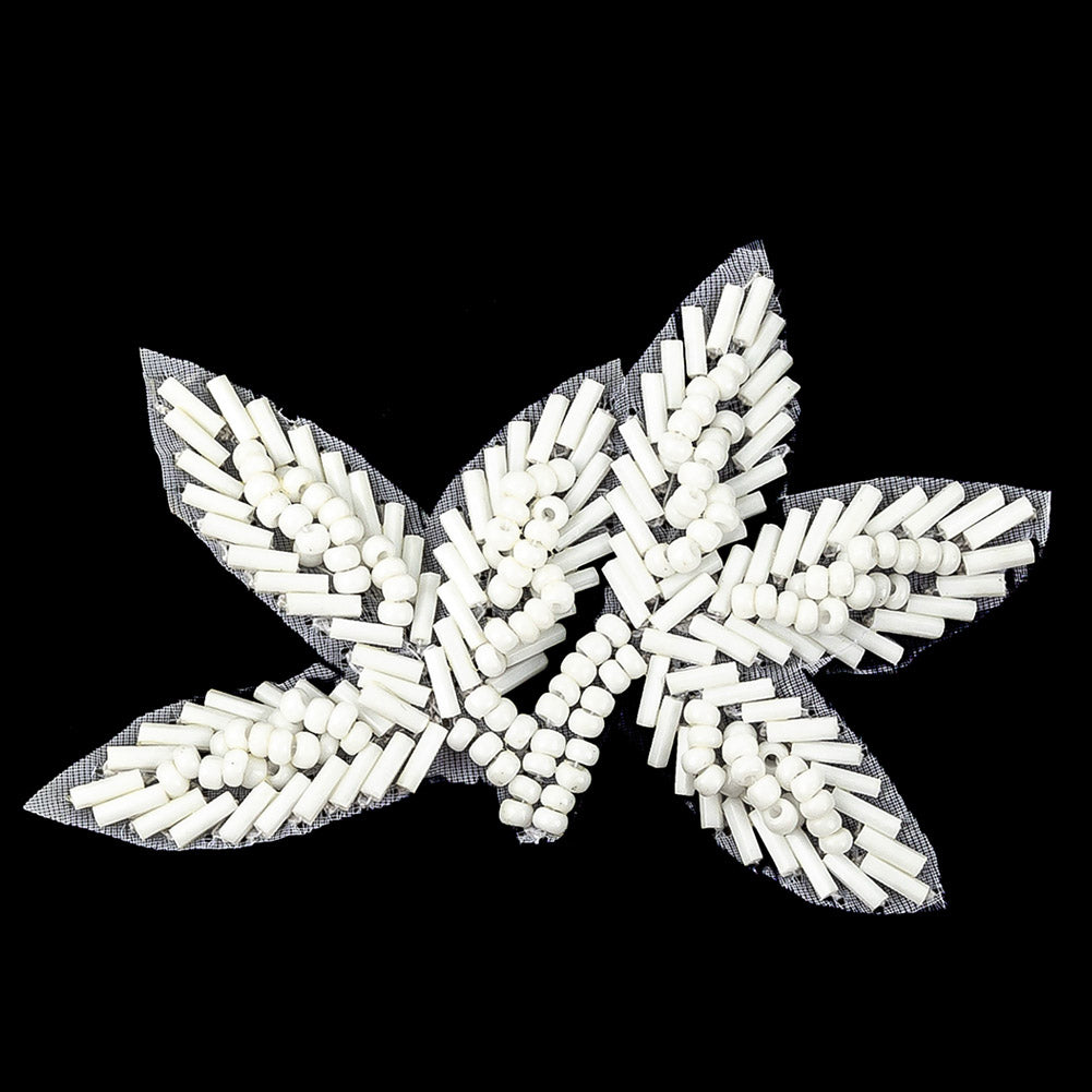 Vintage Opaque White Bugle and Seed Beaded Foliage Applique - 2.25" x 3.25" Detail