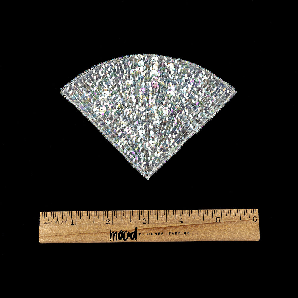 Vintage Crystal Iris Sequins and Bugle Beaded Fan Applique - 3.625" x 5" Full