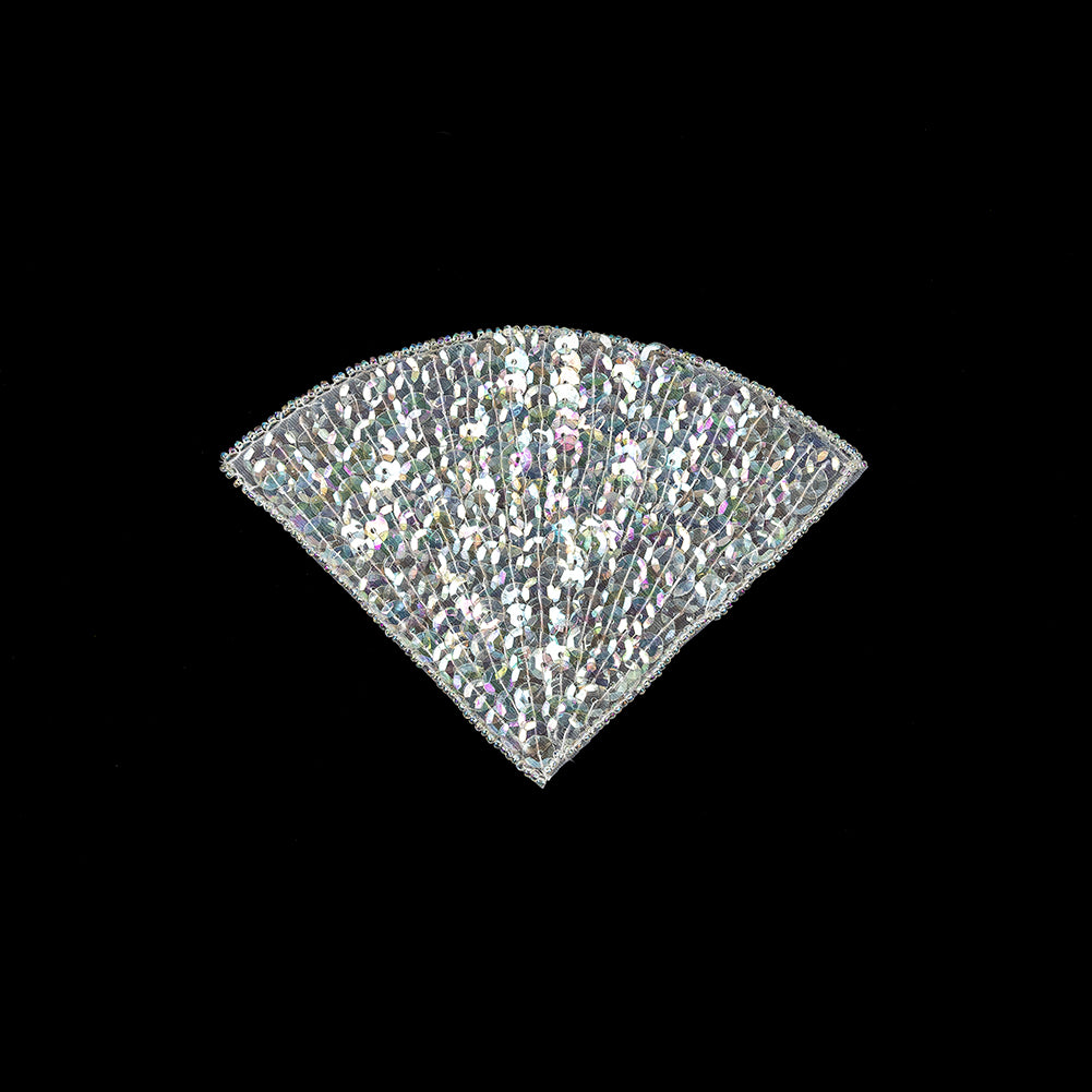 Vintage Crystal Iris Sequins and Bugle Beaded Fan Applique - 3.625" x 5"