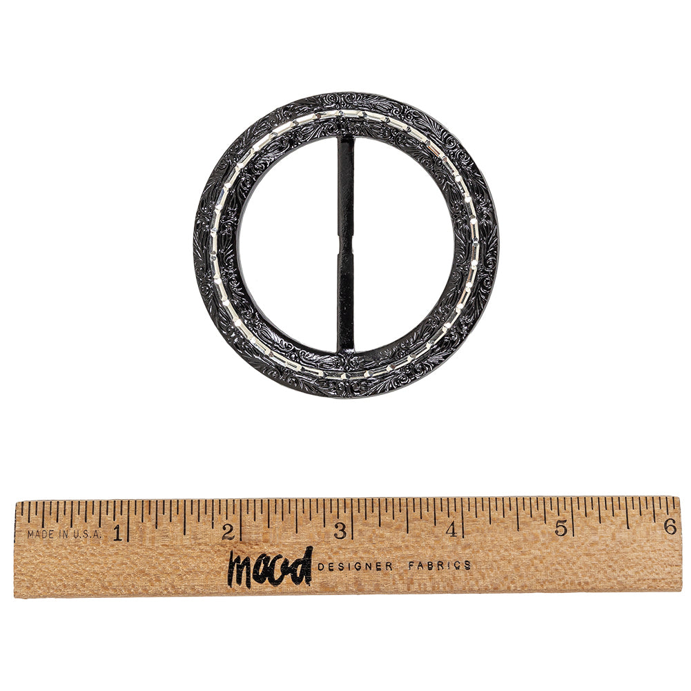 Vintage Black Classical Swirls Round Slider with Faceted Silver Band - 2.75" x 2.75" Folded