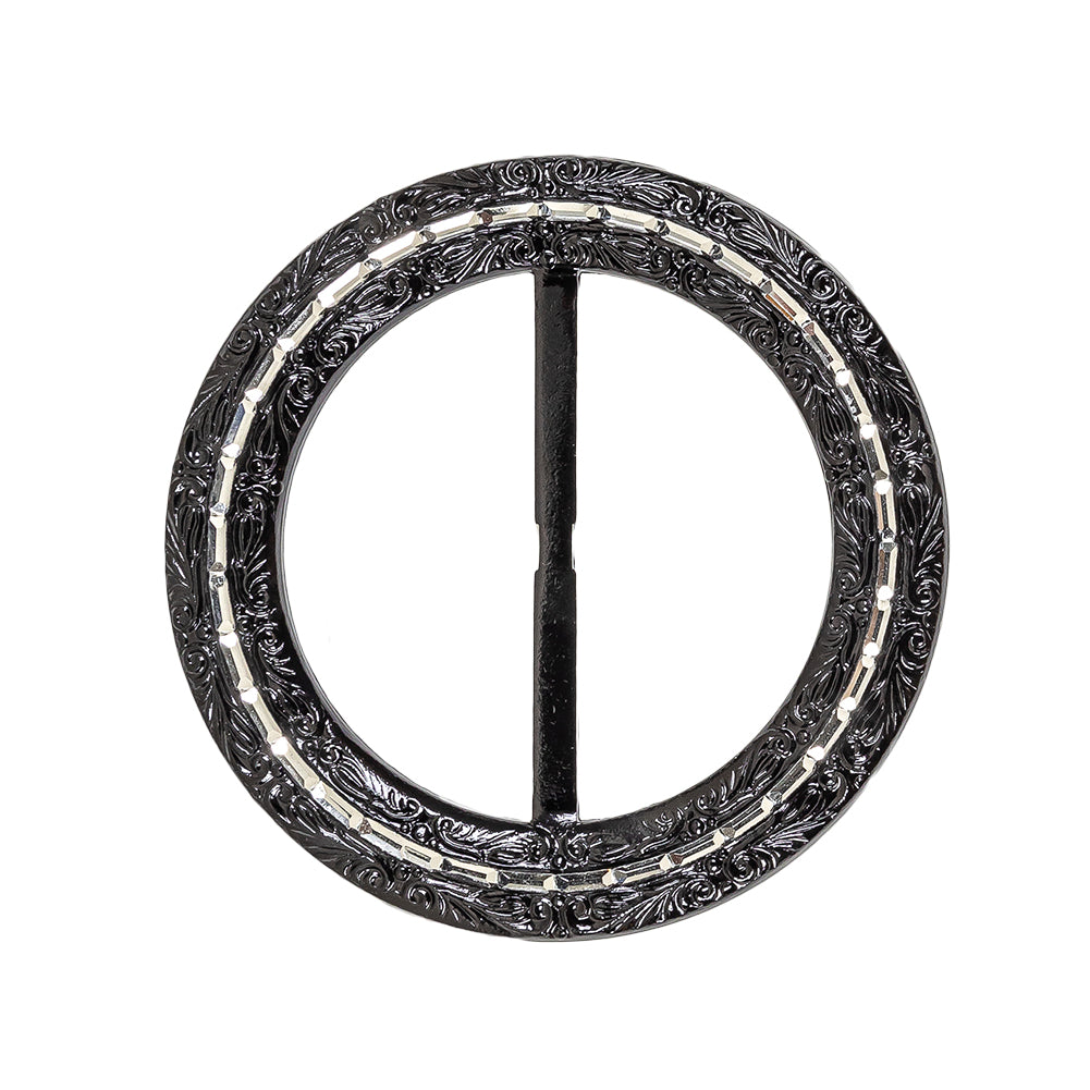 Vintage Black Classical Swirls Round Slider with Faceted Silver Band - 2.75" x 2.75"