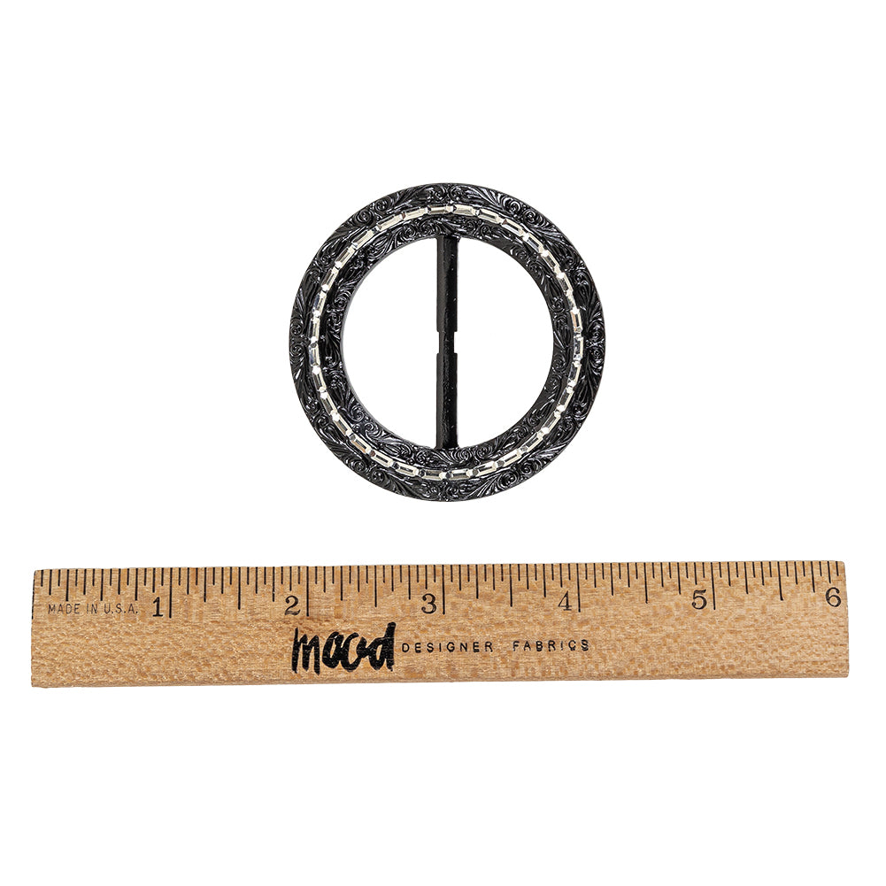 Vintage Black Classical Swirls Round Slider with Faceted Silver Band - 2.375" x 2.375" Folded
