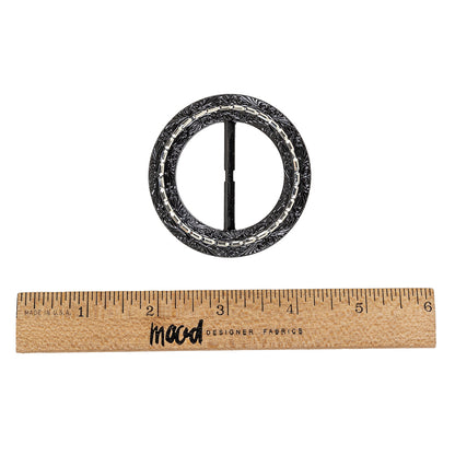 Vintage Black Classical Swirls Round Slider with Faceted Silver Band - 2.375" x 2.375" Folded