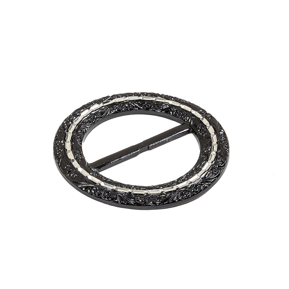 Vintage Black Classical Swirls Round Slider with Faceted Silver Band - 2.375" x 2.375" Detail