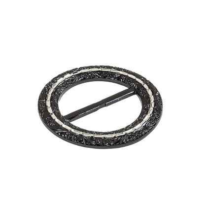 Vintage Black Classical Swirls Round Slider with Faceted Silver Band - 2.375" x 2.375" Detail
