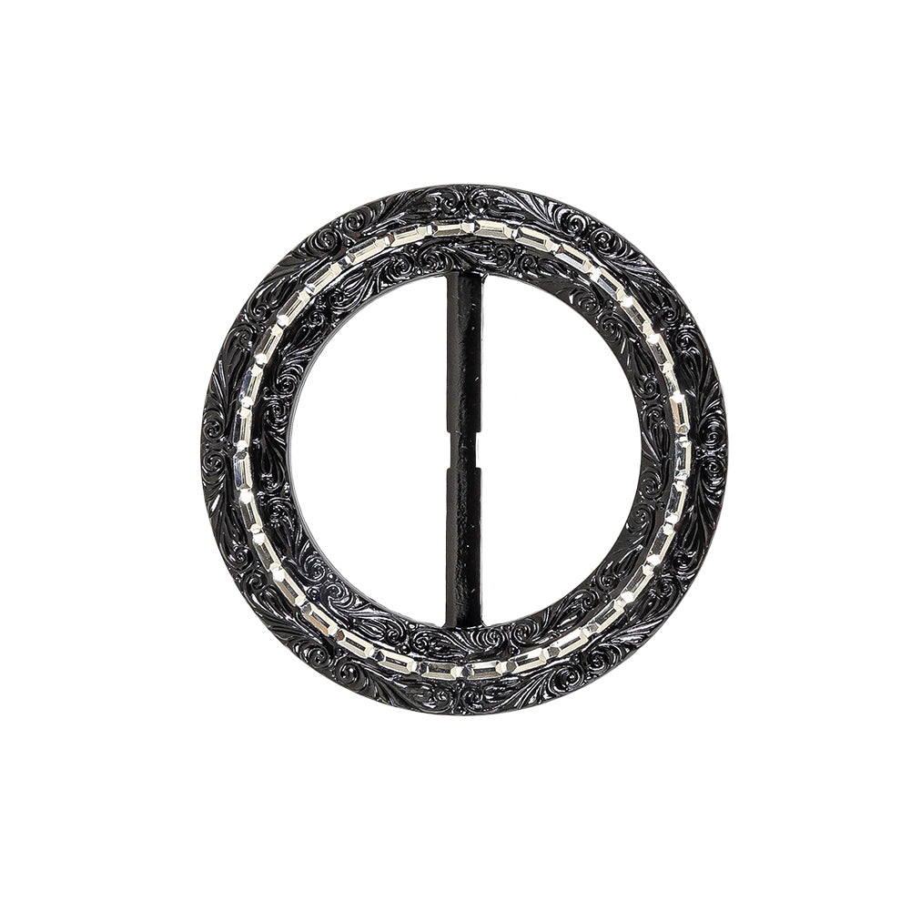 Vintage Black Classical Swirls Round Slider with Faceted Silver Band - 2.375" x 2.375"
