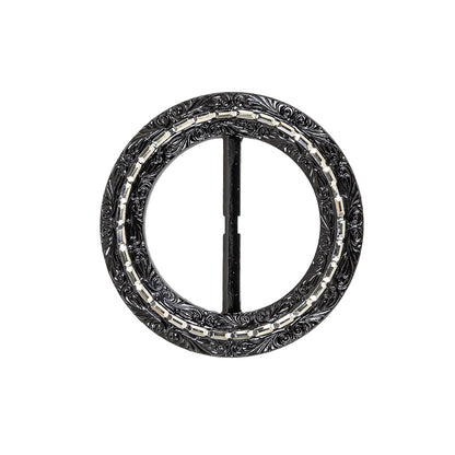 Vintage Black Classical Swirls Round Slider with Faceted Silver Band - 2.375" x 2.375"