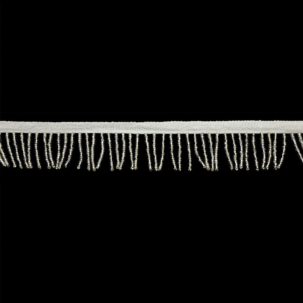 Vintage Silver and White Seed Beaded Chainette Fringe - 1"