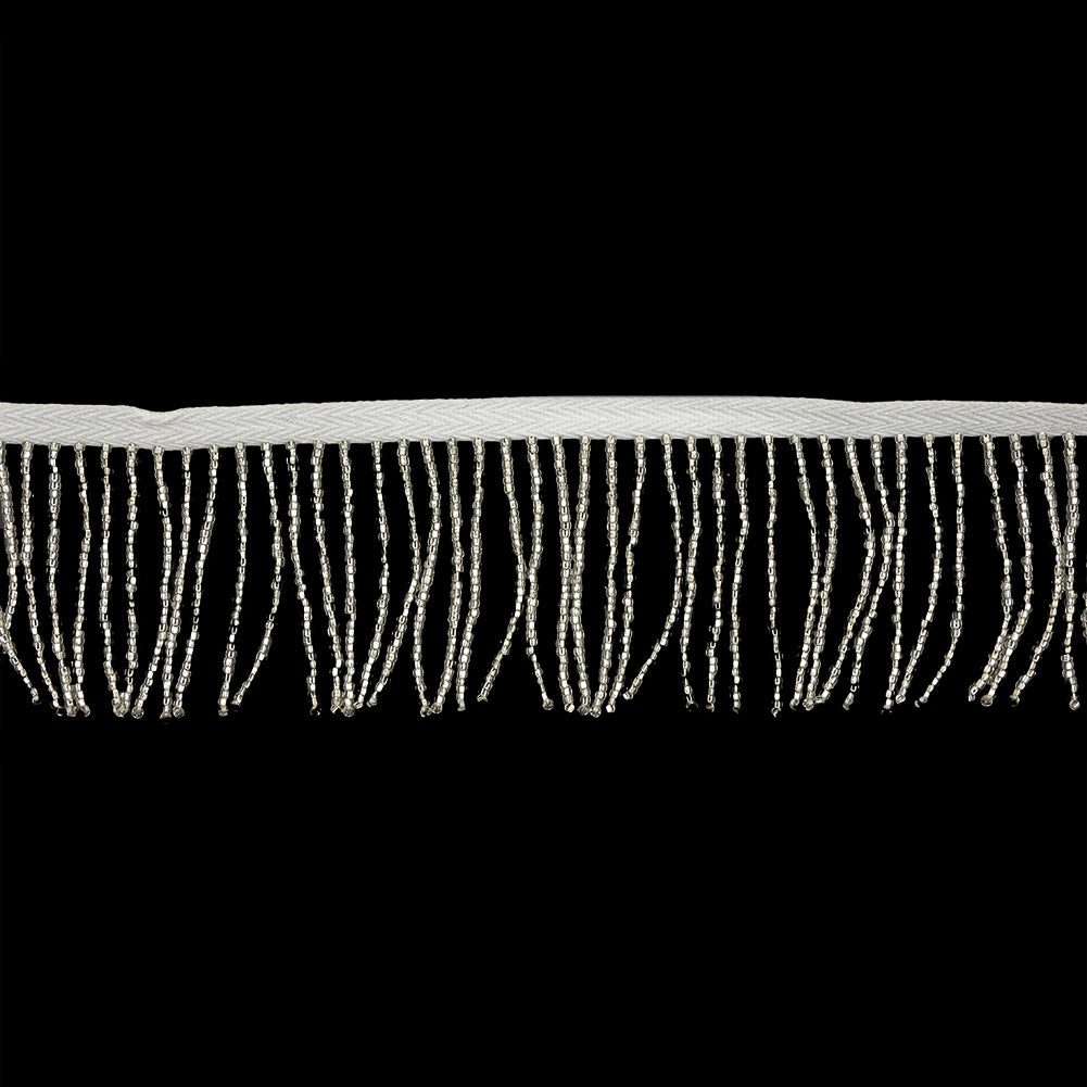 Vintage Silver Lined and Ivory Seed Beaded Chainette Fringe 2"