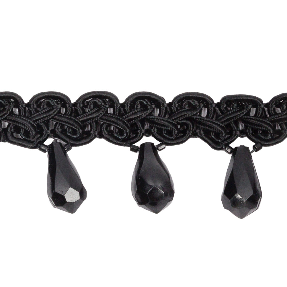 Vintage Black Faceted Teardrop Bead Fringe on Black Gimp Braided Trim - 1.125" Detail