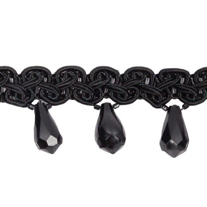Vintage Black Faceted Teardrop Bead Fringe on Black Gimp Braided Trim - 1.125" Detail