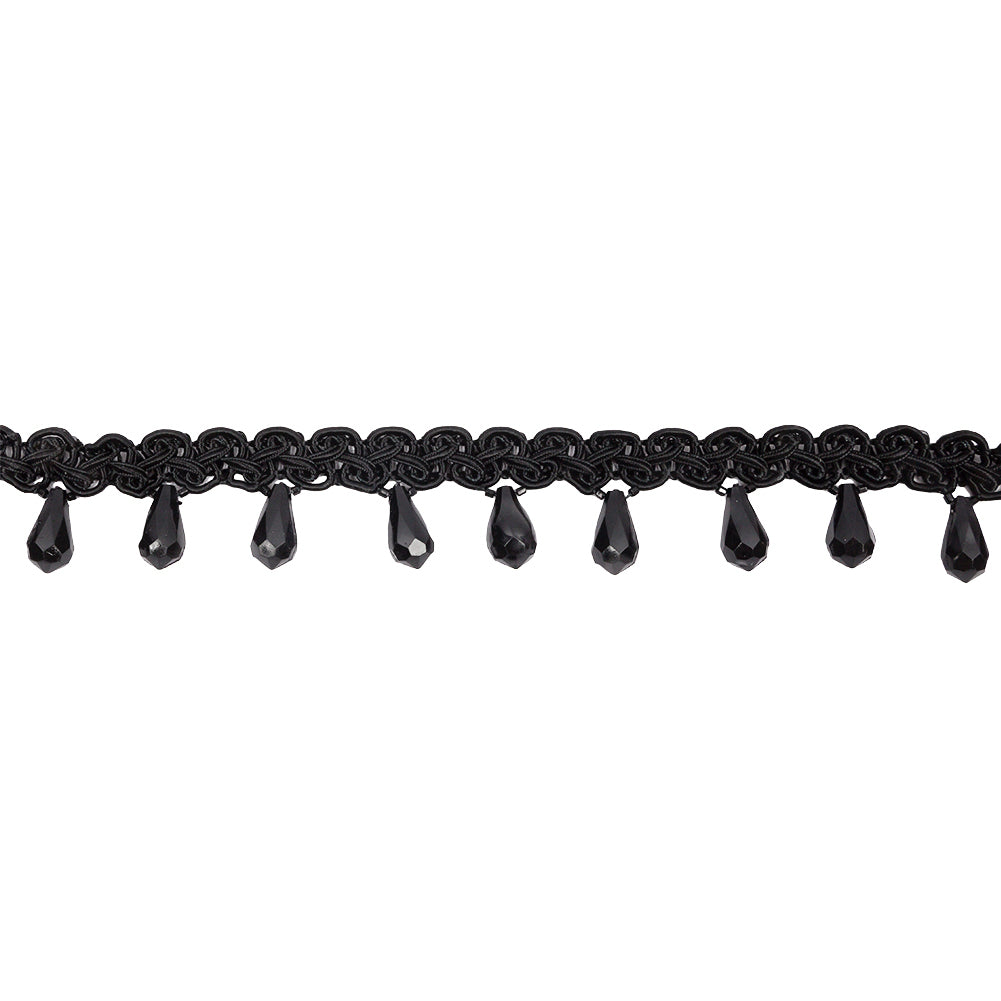 Vintage Black Faceted Teardrop Bead Fringe on Black Gimp Braided Trim - 1.125"