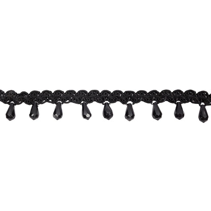 Vintage Black Faceted Teardrop Bead Fringe on Black Gimp Braided Trim - 1.125"