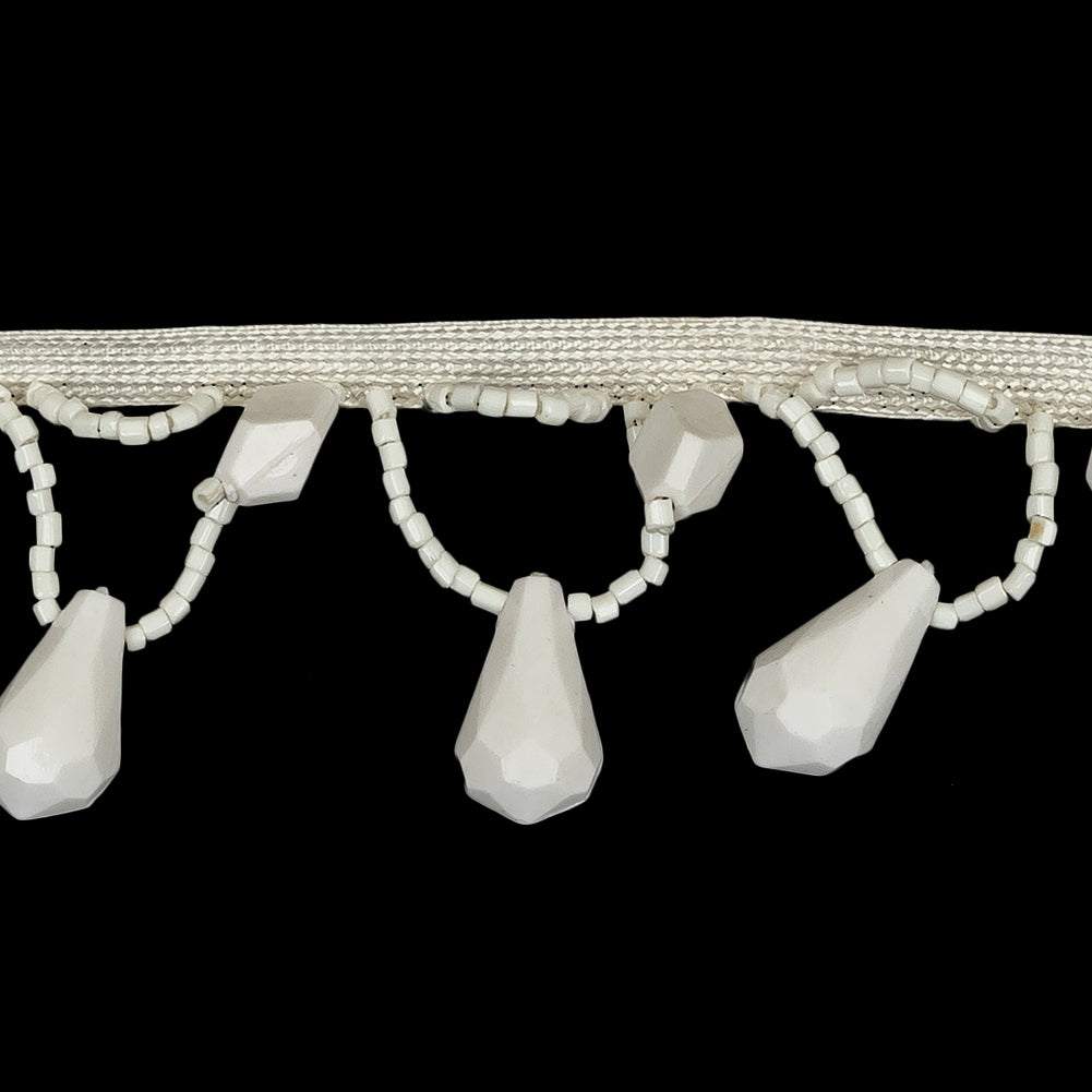 Vintage Chalk White Teardrops and Seed Beaded Fringe - 1.375" Detail