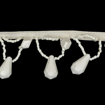 Vintage Chalk White Teardrops and Seed Beaded Fringe - 1.375" Detail