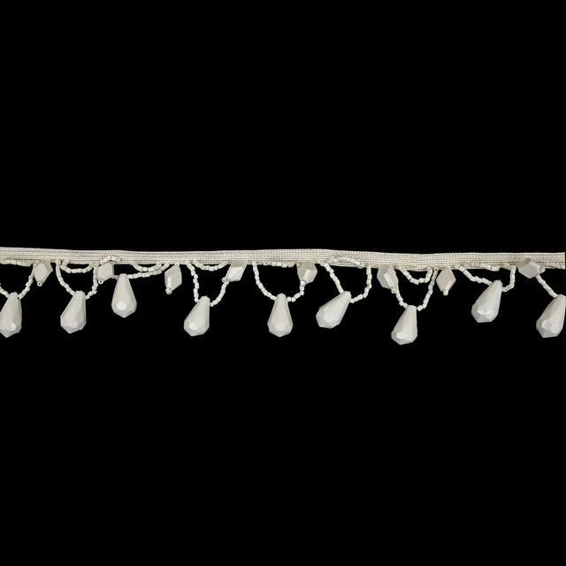 Vintage Chalk White Teardrops and Seed Beaded Fringe - 1.375"